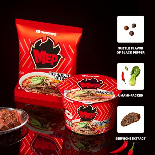 Samyang MEP Black Pepper Beef Ramen  Spicy Korean Instant Bowl Noodle Soup  Rich Bone Broth Ramyeon  Quick Microwave Meal  3 88 oz  Pack of 6 