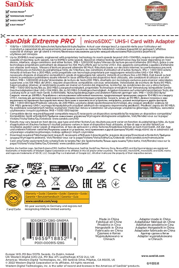 Sandisk SDSQXCD 128G GN6MA Extreme Pro Microsdxc 128gb sd Flsh Adapter 200mb/s 90mb/s A2 C10 V30 U