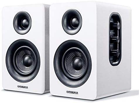 Sanyun SW208 3 Active Bluetooth 5 0 Bookshelf Speakers   60W Carbon Fiber Speaker Unit   Built in 24bit DAC Dynamic 3D Surround Sound 2 0 Computer PC Monitor Gaming  Pair  White 