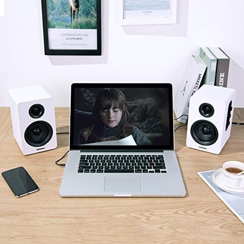 Sanyun SW208 3 Active Bluetooth 5 0 Bookshelf Speakers   60W Carbon Fiber Speaker Unit   Built in 24bit DAC Dynamic 3D Surround Sound 2 0 Computer PC Monitor Gaming  Pair  White 