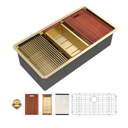 Sarlai 36 Gold Undermount Kitchen Sink Workstation   36x19 Inch Kitchen Sinks with Ledge NANO Tech Gold Sink Round Corner 16 Gauge Stainless Steel Single Bowl Sink Basin