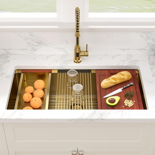 Sarlai 36 Gold Undermount Kitchen Sink Workstation   36x19 Inch Kitchen Sinks with Ledge NANO Tech Gold Sink Round Corner 16 Gauge Stainless Steel Single Bowl Sink Basin