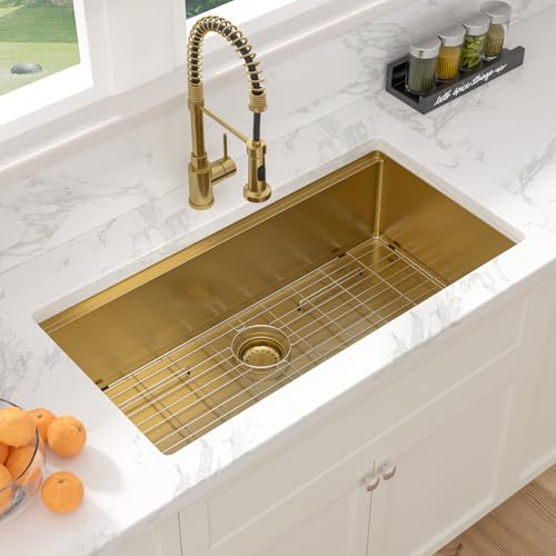 Sarlai 36 Gold Undermount Kitchen Sink Workstation   36x19 Inch Kitchen Sinks with Ledge NANO Tech Gold Sink Round Corner 16 Gauge Stainless Steel Single Bowl Sink Basin
