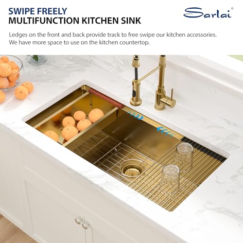 Sarlai 36 Gold Undermount Kitchen Sink Workstation   36x19 Inch Kitchen Sinks with Ledge NANO Tech Gold Sink Round Corner 16 Gauge Stainless Steel Single Bowl Sink Basin