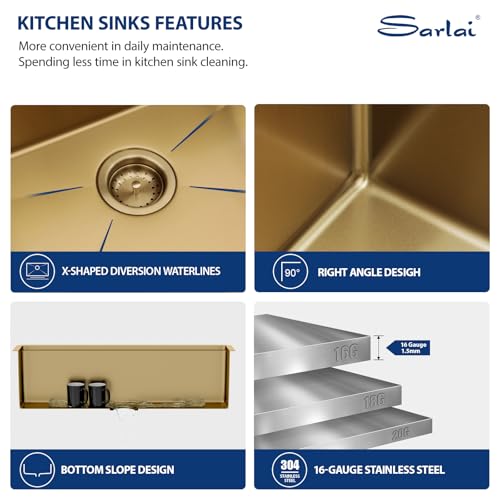 Sarlai 36 Gold Undermount Kitchen Sink Workstation   36x19 Inch Kitchen Sinks with Ledge NANO Tech Gold Sink Round Corner 16 Gauge Stainless Steel Single Bowl Sink Basin
