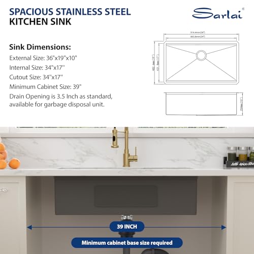 Sarlai 36 Gold Undermount Kitchen Sink Workstation   36x19 Inch Kitchen Sinks with Ledge NANO Tech Gold Sink Round Corner 16 Gauge Stainless Steel Single Bowl Sink Basin