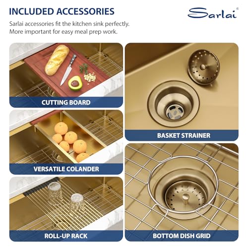 Sarlai 36 Gold Undermount Kitchen Sink Workstation   36x19 Inch Kitchen Sinks with Ledge NANO Tech Gold Sink Round Corner 16 Gauge Stainless Steel Single Bowl Sink Basin