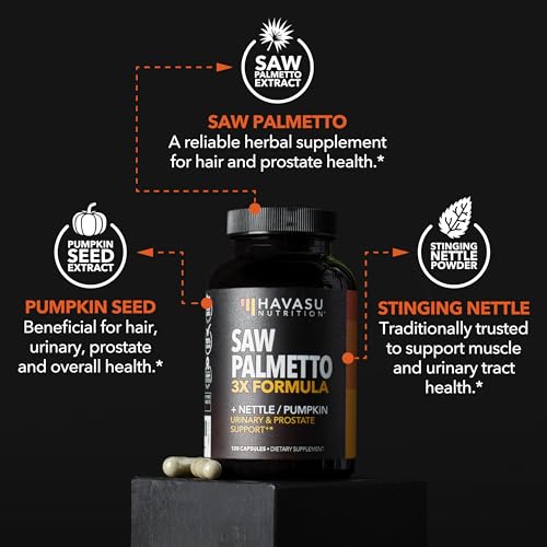 Saw Palmetto Supplement with Stinging Nettle and Pumpkin Seed Extract   Advanced 3X Formula   DHT Blocker Urinary Health and Prostate Support for Mens Health   Vegan  Non GMO Capsules   2 Month Supply