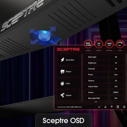 Sceptre 34 Inch Curved Ultrawide WQHD Monitor  3440   1440   R1500  up to 180Hz/165Hz  DisplayPort x2  99  sRGB  1ms  Built in Speakers  Machine Black  2025  C345B QUT168 