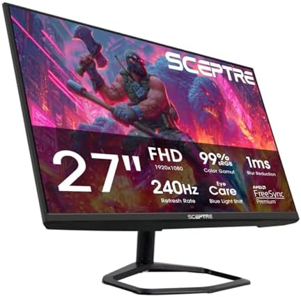 Sceptre New 24 5 inch Gaming Monitor 240 Hz 1ms DisplayPort x2 HDMI x2 100  sRGB AMD FreeSync Premium Build in Speakers  Machine Black 2025  E255B FWD240 Series 