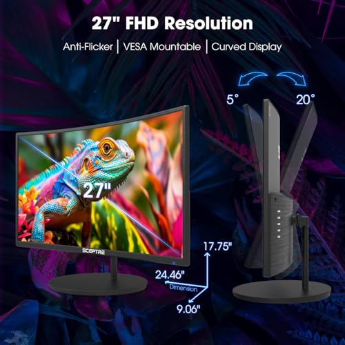 Sceptre New Curved 27 inch Gaming Monitor 100Hz 1080p R1500 98  sRGB HDMI x2 VGA Build in Speakers  VESA Wall Mount Machine Black 2026  C275W 1920RN Series