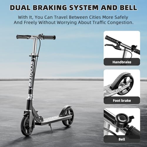 Scooters for Kids 8 12  Teens & Adults   Lightweight  Foldable  8 Inch Big Wheels  Hand Brake & Bell  4 Adjustable Height Levels  240 lbs Max Load  Perfect for School  Campus and Park Rides