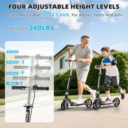 Scooters for Kids 8 12  Teens & Adults   Lightweight  Foldable  8 Inch Big Wheels  Hand Brake & Bell  4 Adjustable Height Levels  240 lbs Max Load  Perfect for School  Campus and Park Rides
