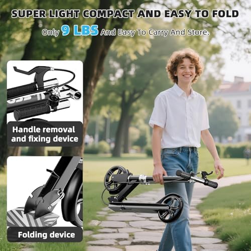Scooters for Kids 8 12  Teens & Adults   Lightweight  Foldable  8 Inch Big Wheels  Hand Brake & Bell  4 Adjustable Height Levels  240 lbs Max Load  Perfect for School  Campus and Park Rides