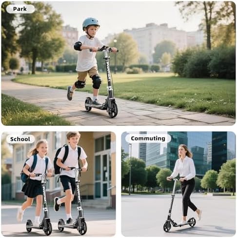 Scooters for Kids 8 12  Teens & Adults   Lightweight  Foldable  8 Inch Big Wheels  Hand Brake & Bell  4 Adjustable Height Levels  240 lbs Max Load  Perfect for School  Campus and Park Rides