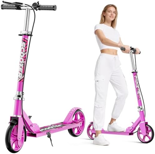Scooters for Kids 8 12  Teens & Adults   Lightweight  Foldable  8 Inch Big Wheels  Hand Brake & Bell  4 Adjustable Height Levels  240 lbs Max Load  Perfect for School  Campus and Park Rides