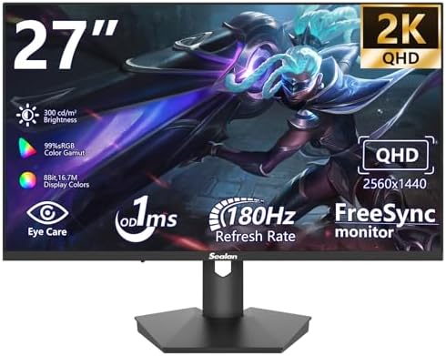 Sealan 27 Inch Gaming Monitor  2K QHD 2560 x 1440 Computer Monitor  180Hz Refresh Rate  VA Panel  HDR10  FreeSync  99  sRGB  4000 1 Contrast  HDMI/DisplayPort  16 9