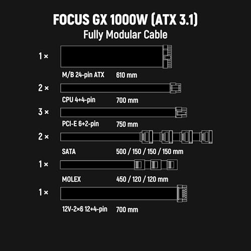 Seasonic Focus GX 1000W Power Supply ATX 3 1 PCIe 5 1  12V 2x6  10 Years Warranty Cybenetics Gold Fully Modular RTX 5090 AMD RX 9000 Ready