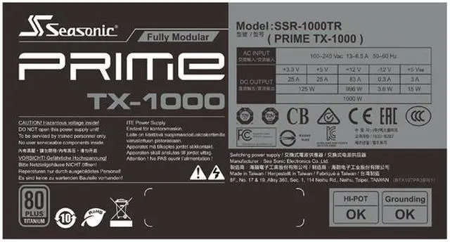Seasonic PRIME TX 1000  1000W 80  Titanium  ATX Form Factor  Full Modular  Low Noise  Premium Japanese Capacitor  12 Year Warranty  Nvidia RTX 30/40 Super  AMD GPU Compatible  Ref# SSR 1000TR