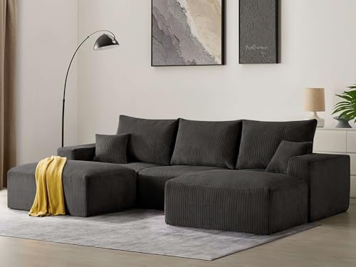 Sectional Modern Sleeper Sofa Couches for Living Room 113 Black 3 Seater U Shaped Boneless Cloud Couch No Assembly Modular Corduroy Convertible Sponge Compression Sofas with Chaise for Home House