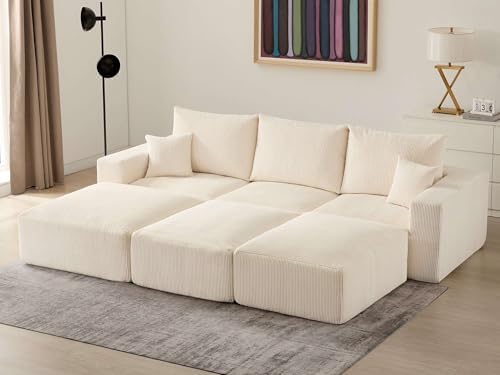 Sectional Modern Sleeper Sofa Couches for Living Room 113 Black 3 Seater U Shaped Boneless Cloud Couch No Assembly Modular Corduroy Convertible Sponge Compression Sofas with Chaise for Home House