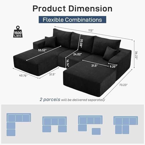 Sectional Modern Sleeper Sofa Couches for Living Room 113 Black 3 Seater U Shaped Boneless Cloud Couch No Assembly Modular Corduroy Convertible Sponge Compression Sofas with Chaise for Home House