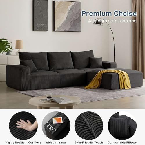 Sectional Modern Sleeper Sofa Couches for Living Room 113 Black 3 Seater U Shaped Boneless Cloud Couch No Assembly Modular Corduroy Convertible Sponge Compression Sofas with Chaise for Home House