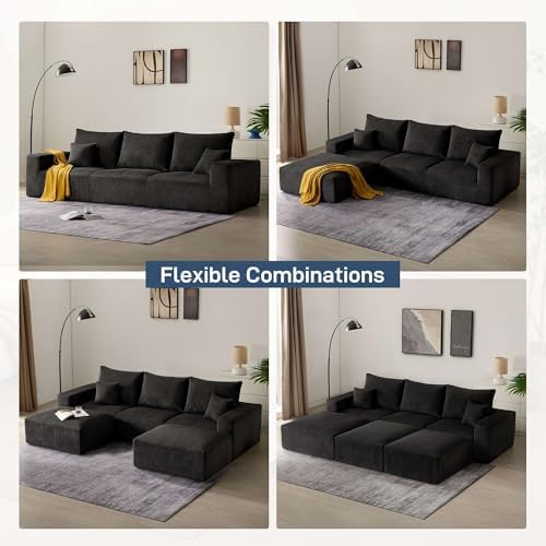 Sectional Modern Sleeper Sofa Couches for Living Room 113 Black 3 Seater U Shaped Boneless Cloud Couch No Assembly Modular Corduroy Convertible Sponge Compression Sofas with Chaise for Home House