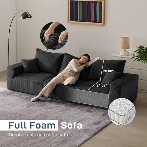 Sectional Modern Sleeper Sofa Couches for Living Room 113 Black 3 Seater U Shaped Boneless Cloud Couch No Assembly Modular Corduroy Convertible Sponge Compression Sofas with Chaise for Home House