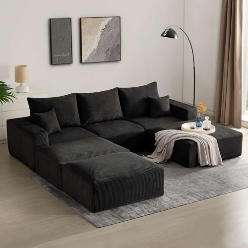 Sectional Modern Sleeper Sofa Couches for Living Room 113 Black 3 Seater U Shaped Boneless Cloud Couch No Assembly Modular Corduroy Convertible Sponge Compression Sofas with Chaise for Home House