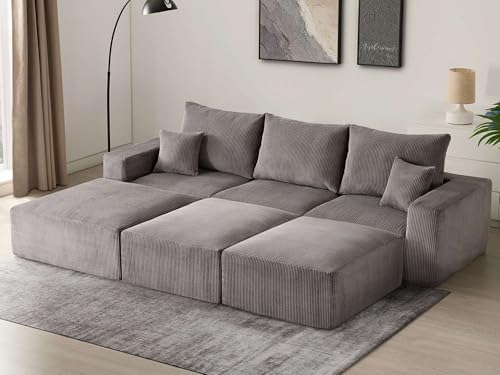 Sectional Modern Sleeper Sofa Couches for Living Room 113 Black 3 Seater U Shaped Boneless Cloud Couch No Assembly Modular Corduroy Convertible Sponge Compression Sofas with Chaise for Home House