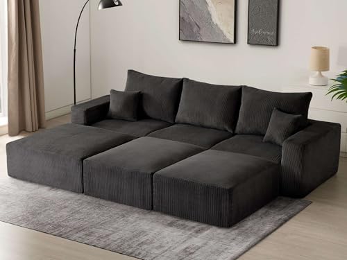 Sectional Modern Sleeper Sofa Couches for Living Room 113 Black 3 Seater U Shaped Boneless Cloud Couch No Assembly Modular Corduroy Convertible Sponge Compression Sofas with Chaise for Home House
