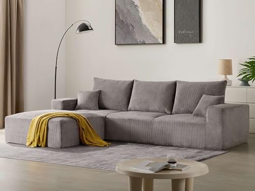 Sectional Modern Sleeper Sofa Couches for Living Room 113 Black 3 Seater U Shaped Boneless Cloud Couch No Assembly Modular Corduroy Convertible Sponge Compression Sofas with Chaise for Home House