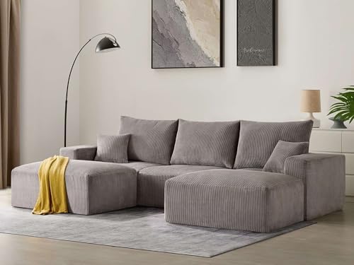 Sectional Modern Sleeper Sofa Couches for Living Room 113 Black 3 Seater U Shaped Boneless Cloud Couch No Assembly Modular Corduroy Convertible Sponge Compression Sofas with Chaise for Home House