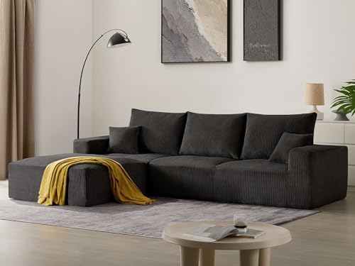 Sectional Modern Sleeper Sofa Couches for Living Room 113 Black 3 Seater U Shaped Boneless Cloud Couch No Assembly Modular Corduroy Convertible Sponge Compression Sofas with Chaise for Home House
