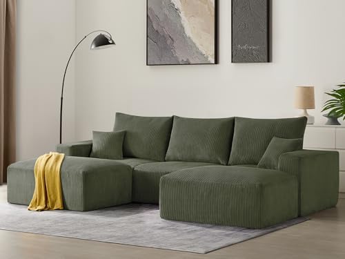 Sectional Modern Sleeper Sofa Couches for Living Room 113 Black 3 Seater U Shaped Boneless Cloud Couch No Assembly Modular Corduroy Convertible Sponge Compression Sofas with Chaise for Home House
