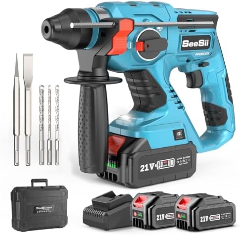 Seesii Cordless SDS Plus Rotary Hammer Drill for Concrete  2   4 0Ah Batteries  Includes 3 Drill Bits  Flat & Point Chisels  Lightweight Power Tool for Home Improvement  DIY & Masonry