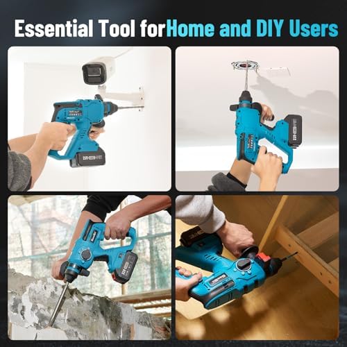 Seesii Cordless SDS Plus Rotary Hammer Drill for Concrete  2   4 0Ah Batteries  Includes 3 Drill Bits  Flat & Point Chisels  Lightweight Power Tool for Home Improvement  DIY & Masonry
