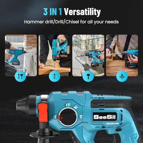 Seesii Cordless SDS Plus Rotary Hammer Drill for Concrete  2   4 0Ah Batteries  Includes 3 Drill Bits  Flat & Point Chisels  Lightweight Power Tool for Home Improvement  DIY & Masonry