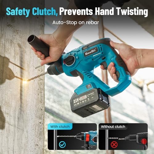 Seesii Cordless SDS Plus Rotary Hammer Drill for Concrete  2   4 0Ah Batteries  Includes 3 Drill Bits  Flat & Point Chisels  Lightweight Power Tool for Home Improvement  DIY & Masonry
