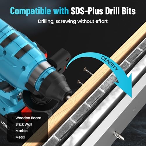 Seesii Cordless SDS Plus Rotary Hammer Drill for Concrete  2   4 0Ah Batteries  Includes 3 Drill Bits  Flat & Point Chisels  Lightweight Power Tool for Home Improvement  DIY & Masonry