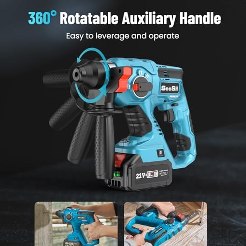 Seesii Cordless SDS Plus Rotary Hammer Drill for Concrete  2   4 0Ah Batteries  Includes 3 Drill Bits  Flat & Point Chisels  Lightweight Power Tool for Home Improvement  DIY & Masonry