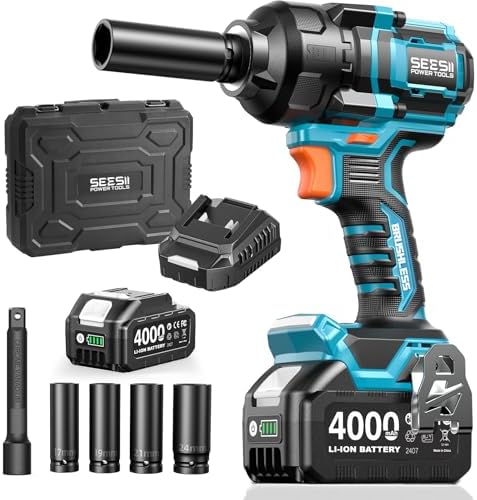 Seesii Impact Wrench 886 Ft lbs 1200N m   1/2 High Torque Impact Gun with 21V 4000mAh Battery  Electric Impact Driver  2900IPM  5 Socket  Cordless Impact Wrench for Home Car/Mower/Pickup/Truck RV