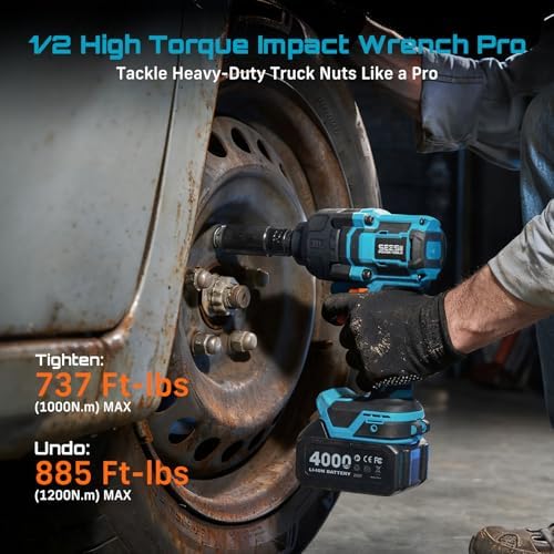 Seesii Impact Wrench 886 Ft lbs 1200N m   1/2 High Torque Impact Gun with 21V 4000mAh Battery  Electric Impact Driver  2900IPM  5 Socket  Cordless Impact Wrench for Home Car/Mower/Pickup/Truck RV