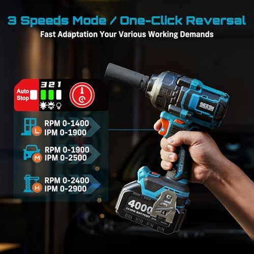 Seesii Impact Wrench 886 Ft lbs 1200N m   1/2 High Torque Impact Gun with 21V 4000mAh Battery  Electric Impact Driver  2900IPM  5 Socket  Cordless Impact Wrench for Home Car/Mower/Pickup/Truck RV