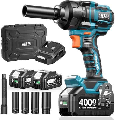 Seesii Impact Wrench 886 Ft lbs 1200N m   1/2 High Torque Impact Gun with 21V 4000mAh Battery  Electric Impact Driver  2900IPM  5 Socket  Cordless Impact Wrench for Home Car/Mower/Pickup/Truck RV