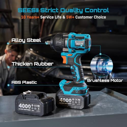 Seesii Impact Wrench 886 Ft lbs 1200N m   1/2 High Torque Impact Gun with 21V 4000mAh Battery  Electric Impact Driver  2900IPM  5 Socket  Cordless Impact Wrench for Home Car/Mower/Pickup/Truck RV