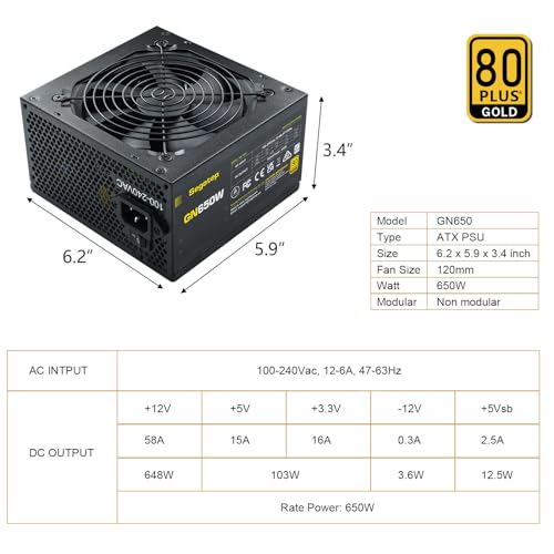 Segotep 650W 80 Plus Gold Certified Non Modular ATX Power Supply with 6 2 Pin Connectors PFC Protection and RoHS Compliance  120mm Silent Fan Gaming PSU GN 650 Black