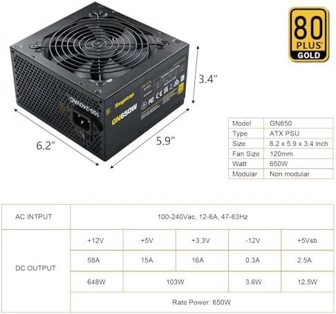 Segotep 650W 80 Plus Gold Certified Non Modular ATX Power Supply with 6 2 Pin Connectors PFC Protection and RoHS Compliance  120mm Silent Fan Gaming PSU GN 650 Black