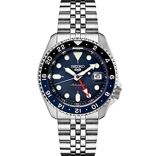 Seiko SSK003 Reloj automático para hombre, 5 deportes, esfera azul con calendario de fecha, manecillas y marcadores luminosos y bisel GMT negro y azul, 328.1 ft resistente al agua
